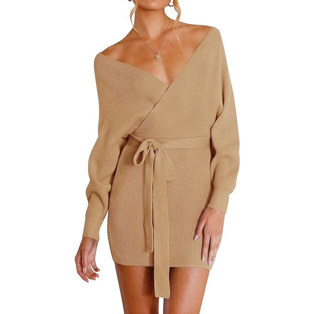 NWT ZESICA Women's Long Sleeve Wrap V Neck Knit Bodycon Sweater Dress Small Tan